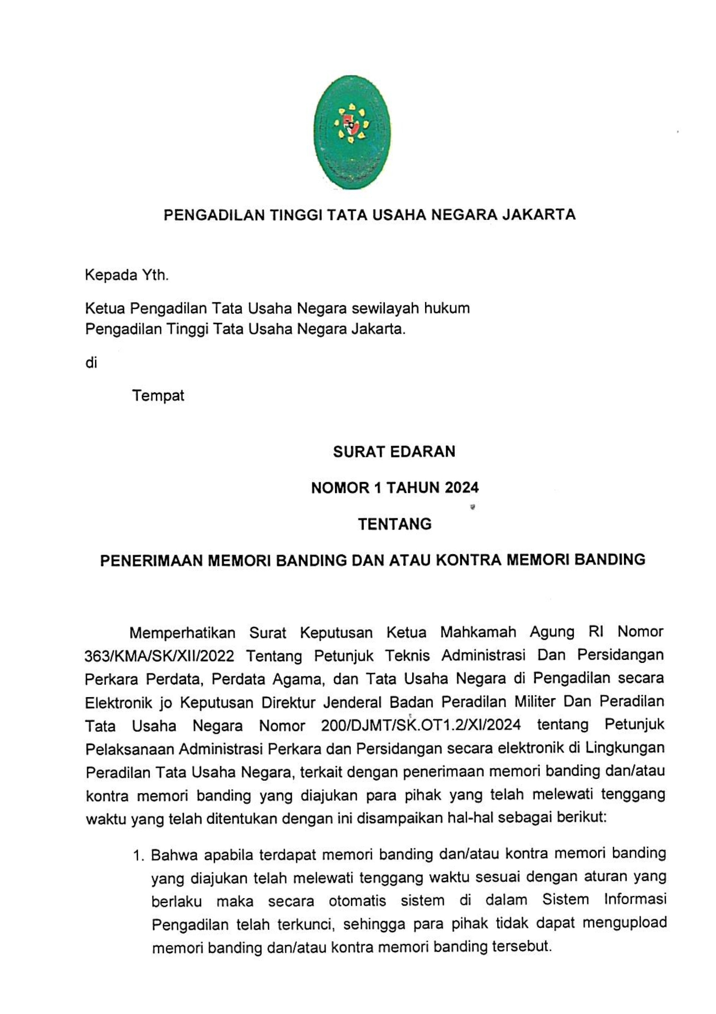 SE KETUA PT.TUN JKT, TENTANG PENERIMAAN MEMORI BANDING DAN ATAU KONTRA MEMORI BANDING