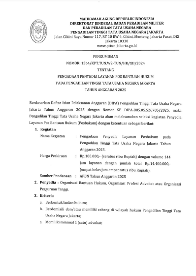 PENGADAAN PENYEDIA LAYANAN POS BANTUAN HUKUM PADA PENGADILAN TINGGI TATA USAHA NEGARA JAKARTA TAHUN ANGGARAN 2025