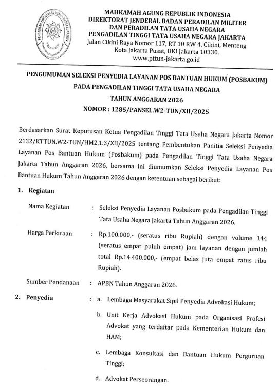 PENGUMUMAN SELEKSI PENYEDIA LAYANAN POSBAKUM PTTUN JAKARTA TA 2026